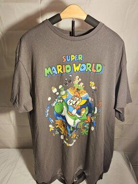 Super Mario World Shirt \Gray Short Sleeve Nintendo Men's LG